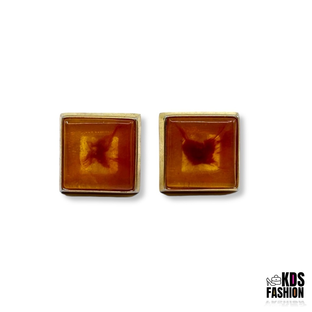 Estate Vintage Large Square Amber Clip-On Earrings Gold Hardware
